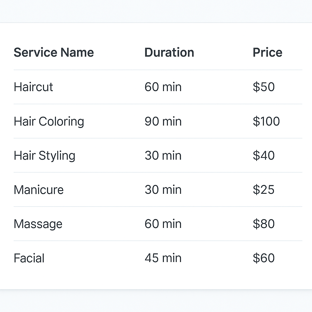 Example service table for salon services with durations and prices
